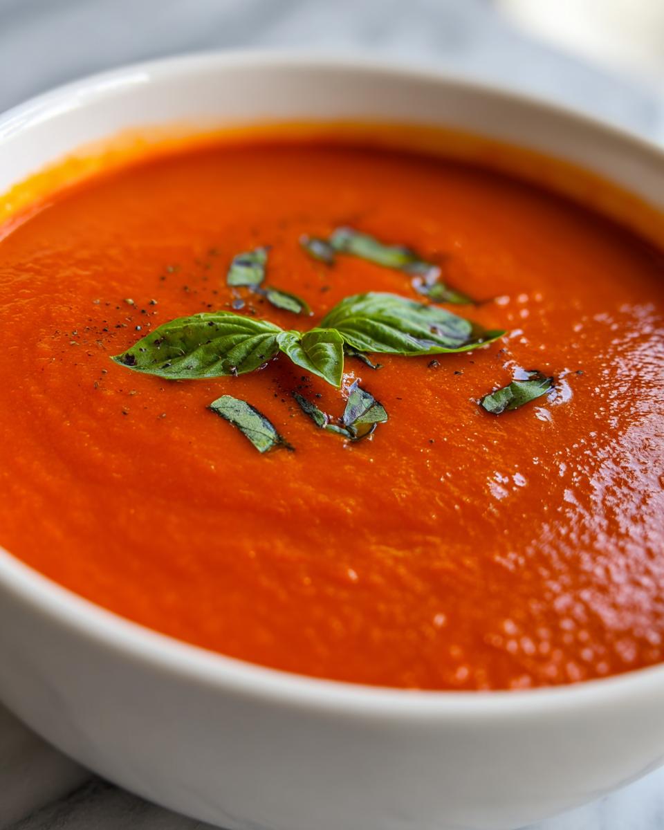 A close-up of vibrant, creamy roasted tomato soup garnished with fresh basil leaves and cracked black pepper.