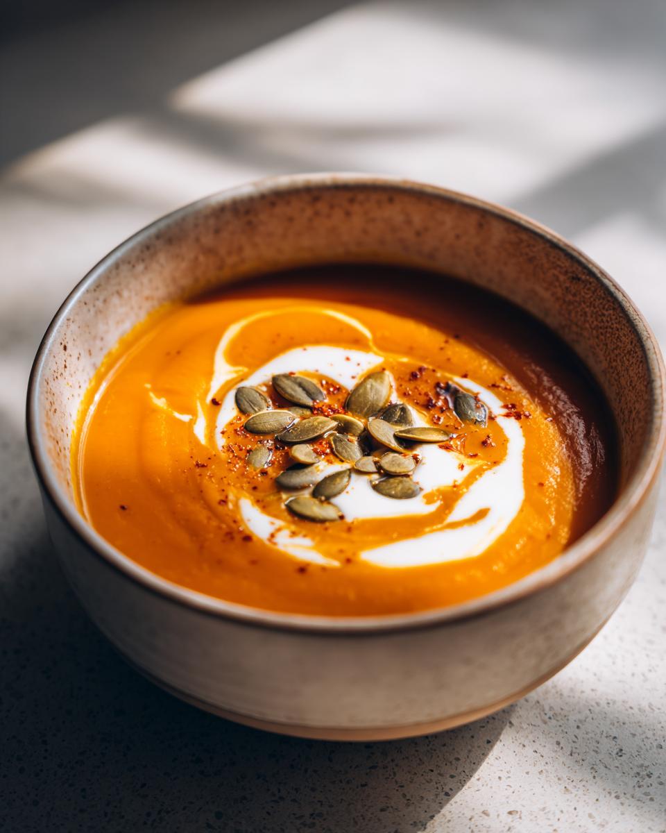 A close-up of rich orange squash soup topped with a swirl of cream, pumpkin seeds, and spices.