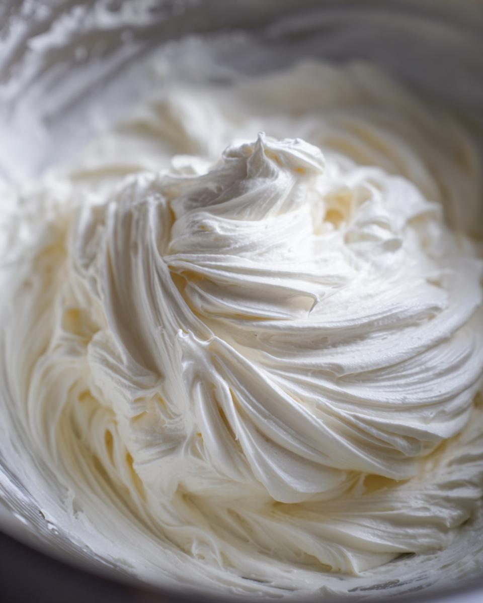 Close-up of smooth, fluffy, white vanilla buttercream frosting swirled in a mixing bowl.