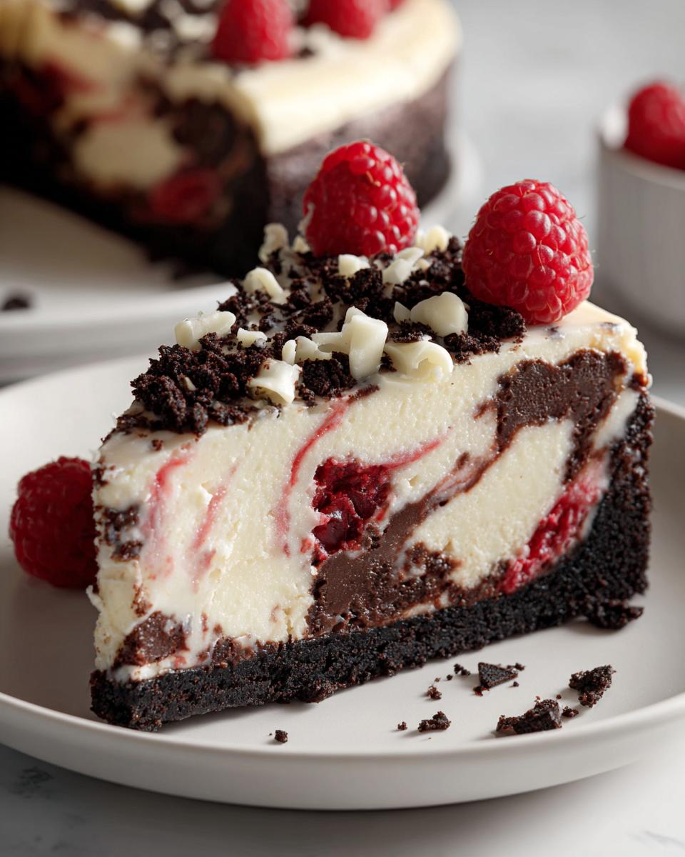 A decadent slice of white chocolate raspberry cheesecake with a dark crust, topped with fresh raspberries and chocolate shavings.