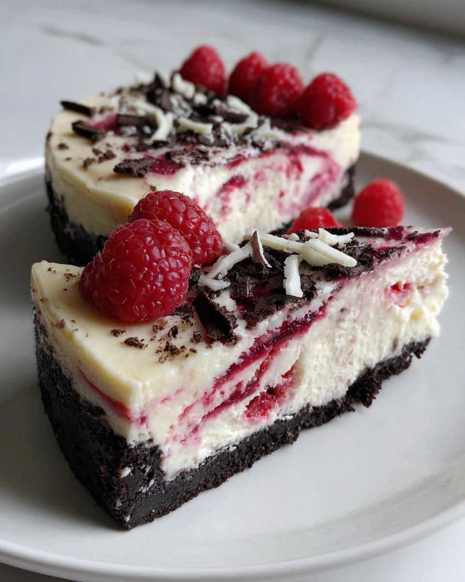 A close-up of a slice of white chocolate raspberry cheesecake with a dark crust, topped with fresh raspberries.
