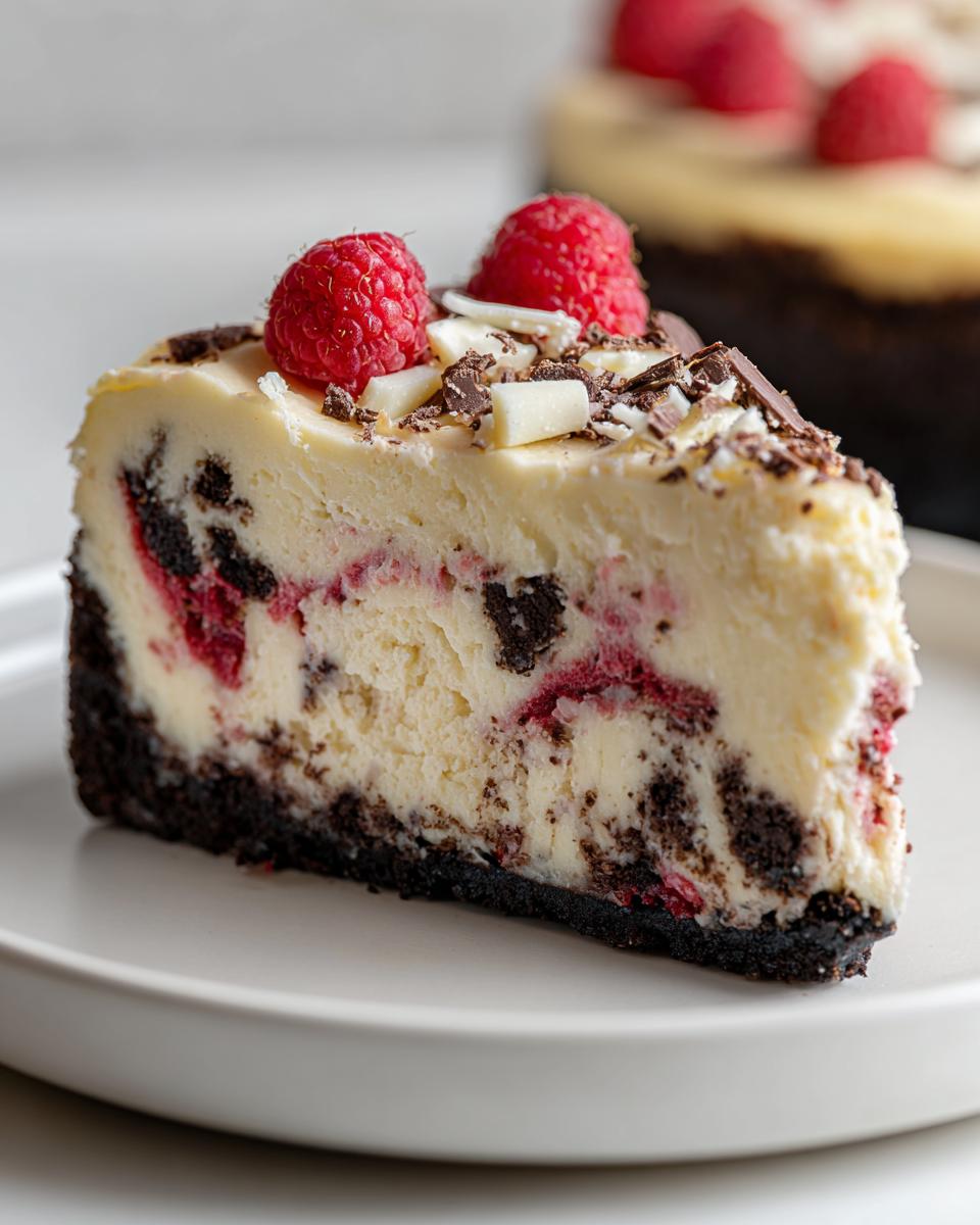 A close-up slice of white chocolate raspberry cheesecake with a dark crust, raspberry swirls, and topped with fresh raspberries and chocolate shavings.