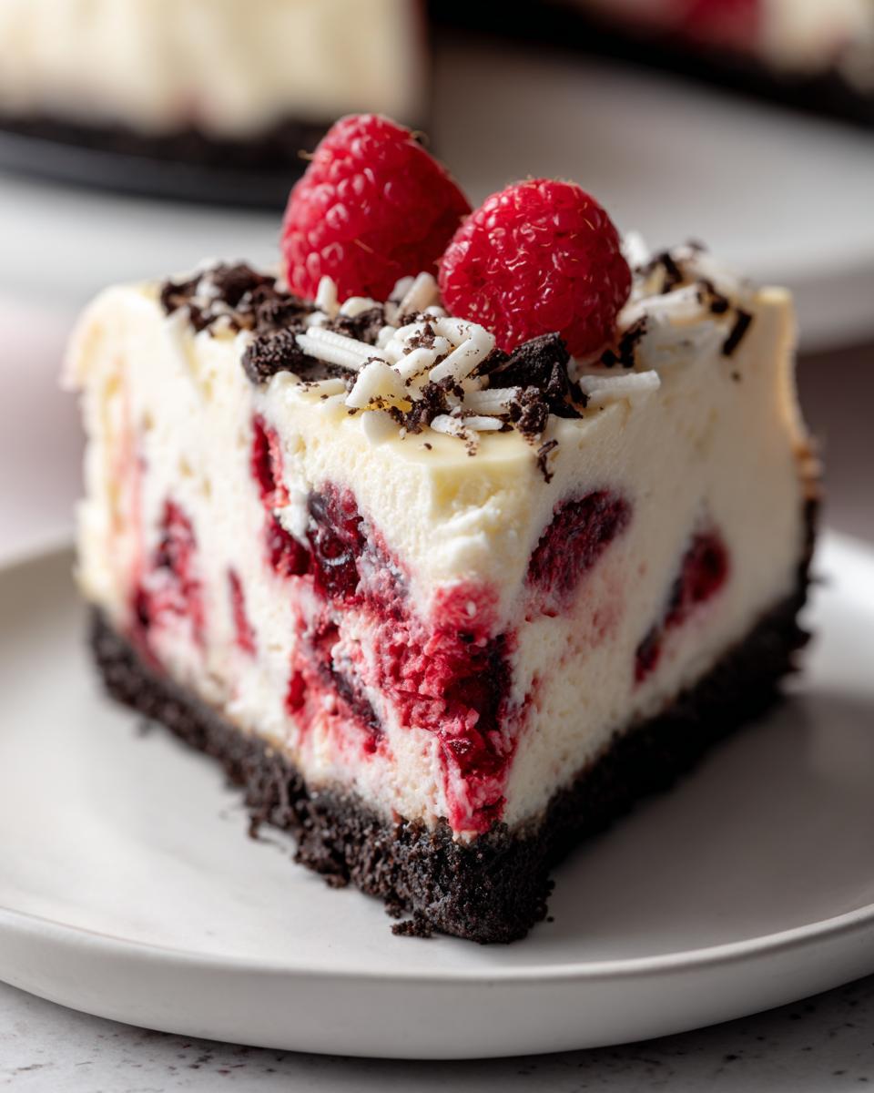 A decadent slice of white chocolate raspberry cheesecake with a dark crust, topped with fresh raspberries and chocolate shavings.