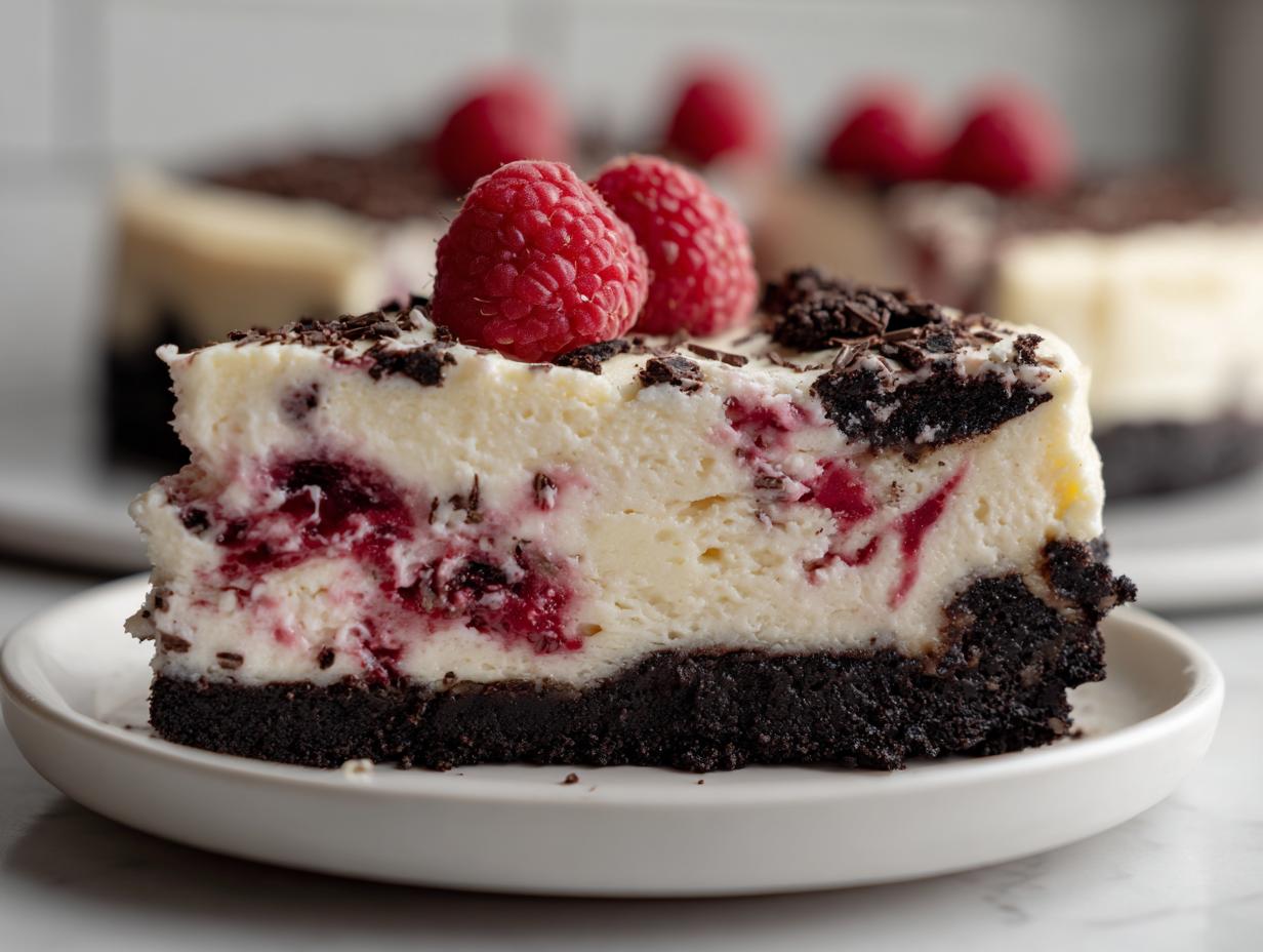Close-up of a slice of white chocolate raspberry cheesecake featuring a dark crust, creamy filling swirled with raspberry, and topped with fresh raspberries.