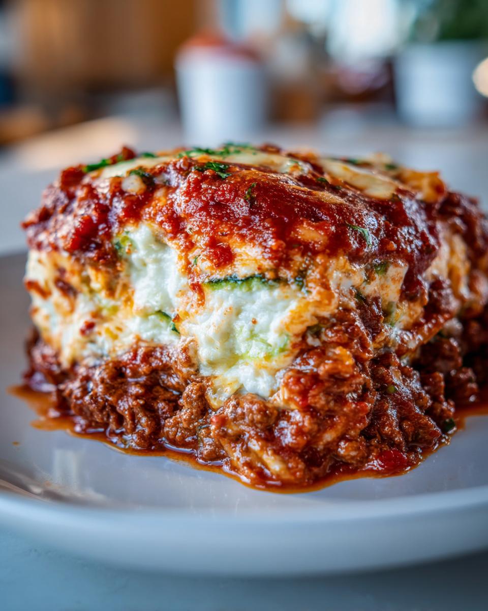 Close-up of a hearty slice of zucchini lasagna layered with ricotta, meat sauce, and melted cheese.