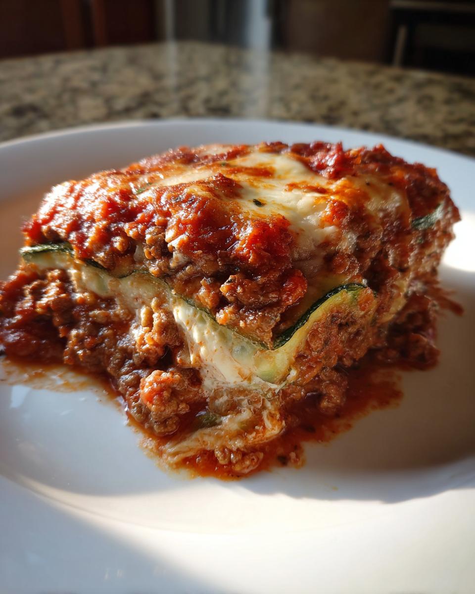 A close-up of a rich, saucy slice of zucchini lasagna layered with meat sauce and melted cheese.