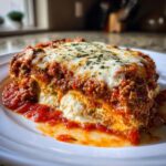 A close-up of a rich slice of zucchini lasagna layered with meat sauce, ricotta, and melted mozzarella cheese.