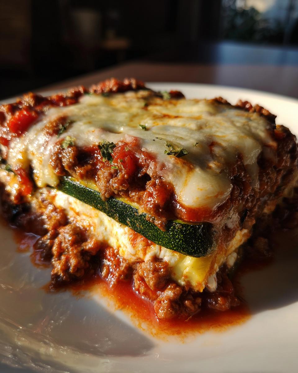 Close-up of a decadent slice of zucchini lasagna featuring layers of meat sauce, cheese, and a thick zucchini noodle.
