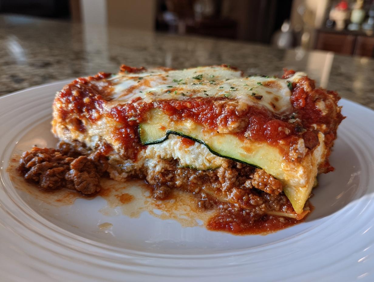 A close-up of a hearty slice of zucchini lasagna layered with meat sauce, ricotta, and melted cheese.