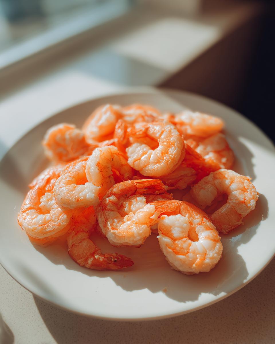 A pile of perfectly cooked, pink and white air fryer frozen shrimp resting on a light-colored plate.