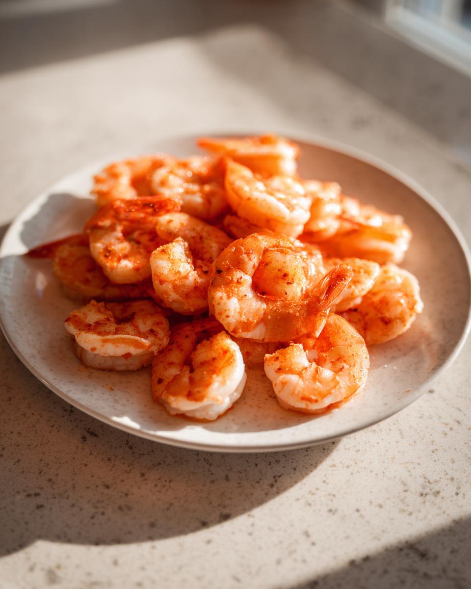 A close-up of seasoned, cooked air fryer frozen shrimp piled on a light-colored plate.