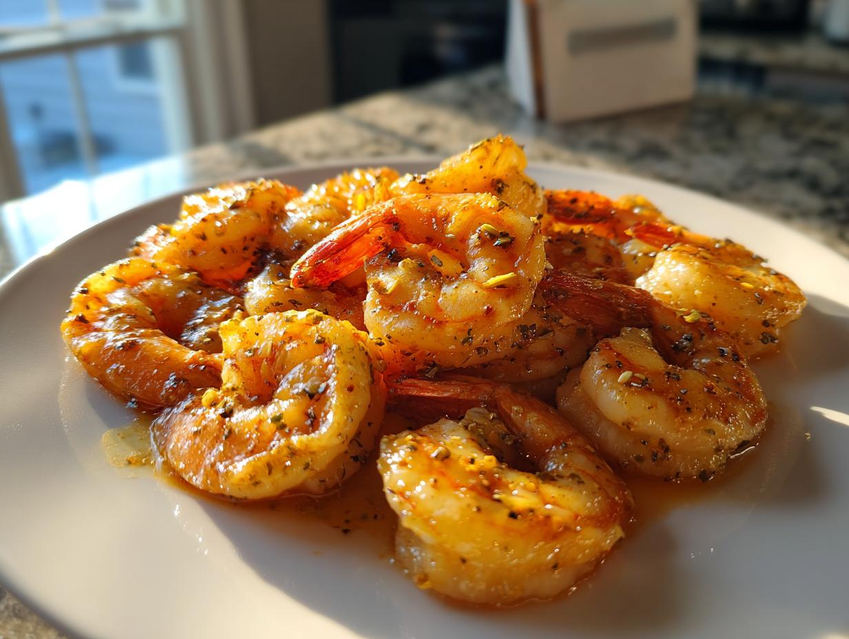A close-up of seasoned, cooked air fryer frozen shrimp piled on a white plate, glistening in the sunlight.
