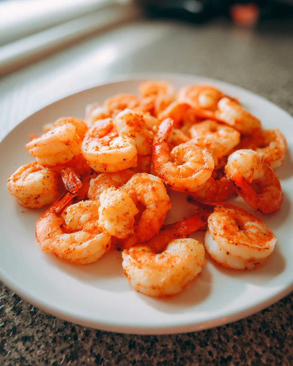 A pile of perfectly cooked, seasoned air fryer frozen shrimp served on a white plate.