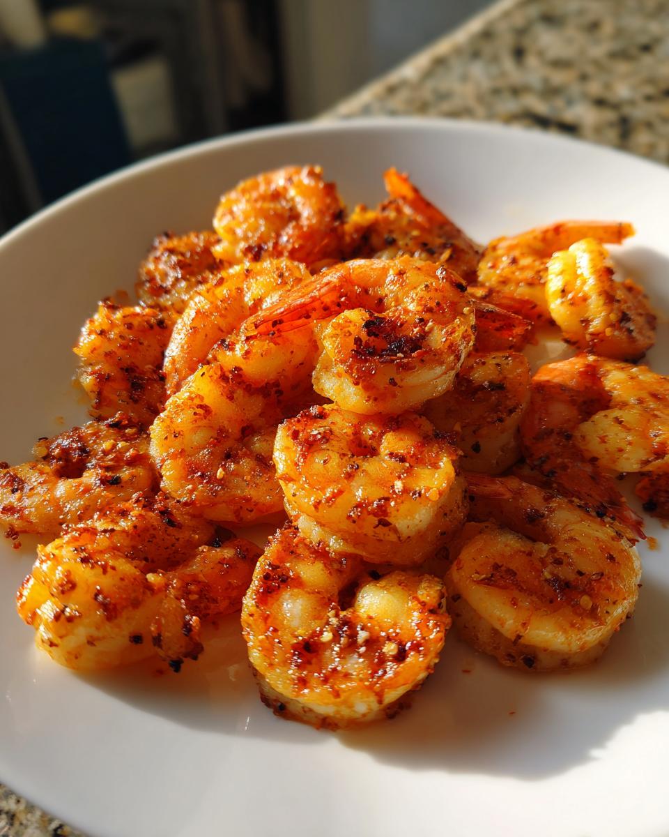 Close-up of seasoned and cooked air fryer frozen shrimp piled on a white plate, ready to eat.