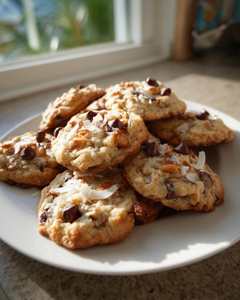 A pile of freshly baked almond joy cookies topped with coconut flakes and chocolate chips sits on a white plate.