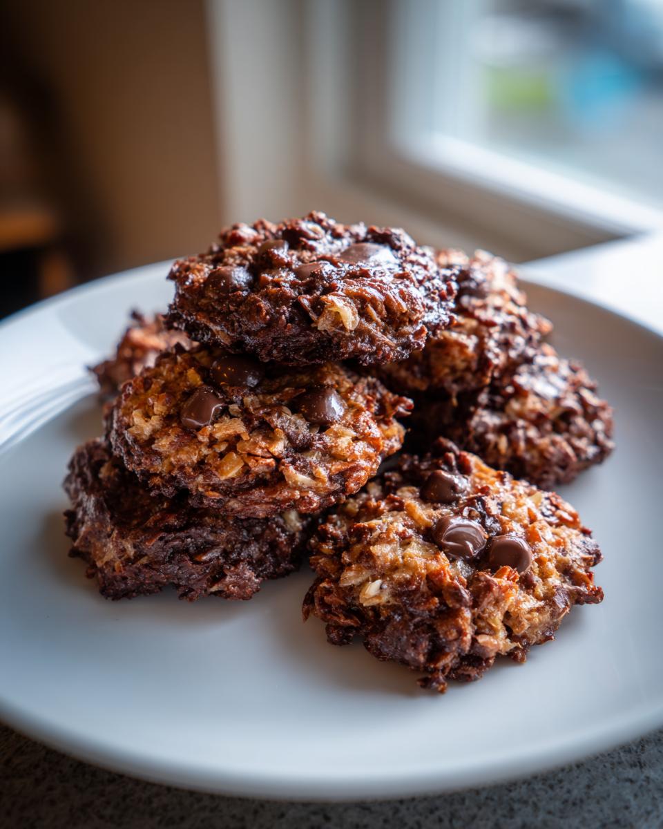 A stack of freshly baked, chewy Almond Joy cookies loaded with chocolate chips and coconut, resting on a white plate.