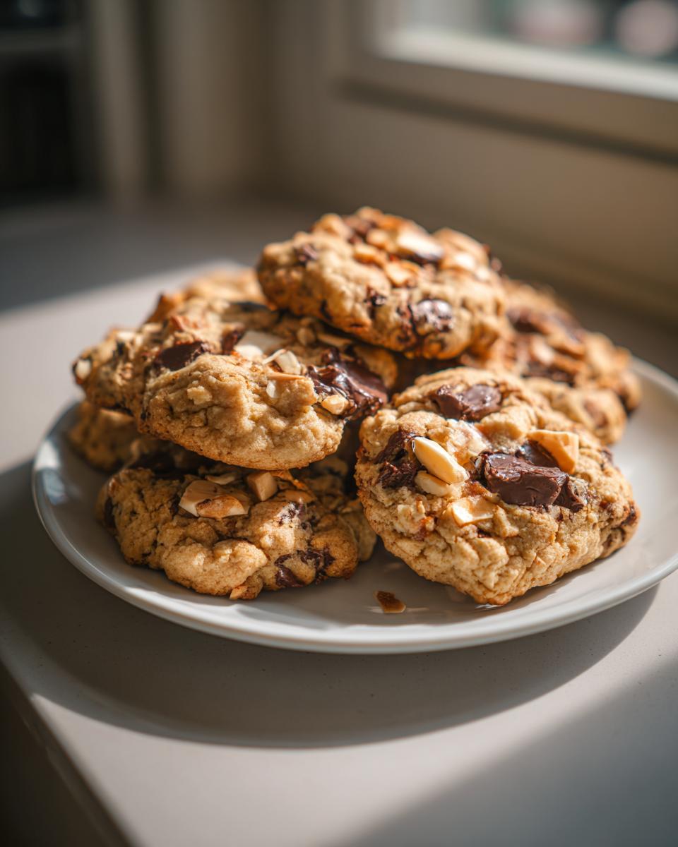 A close-up of a stack of delicious almond joy cookies loaded with chocolate chunks and sliced almonds, sitting on a white plate.