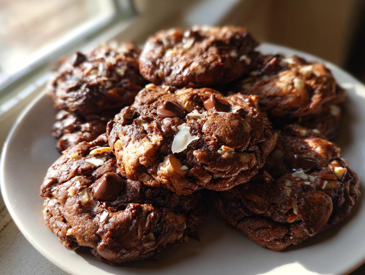 A close-up stack of rich, dark chocolate Almond Joy cookies featuring visible coconut flakes and chocolate chips.