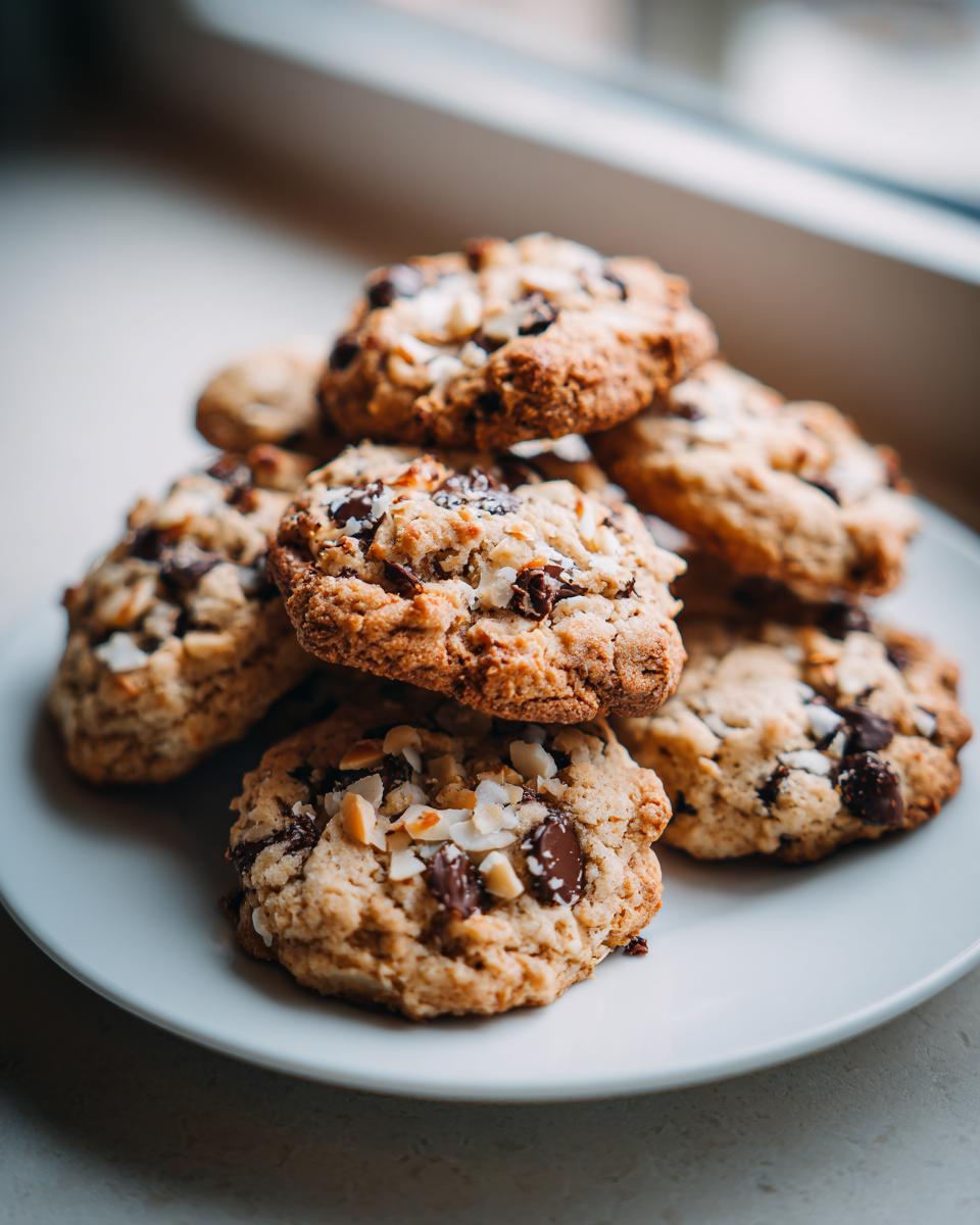 A close-up stack of golden brown almond joy cookies topped with chocolate chips and toasted coconut flakes.