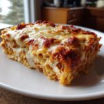 A generous slice of baked pasta bake showing layers of pasta, sauce, and a golden, bubbly cheese topping.