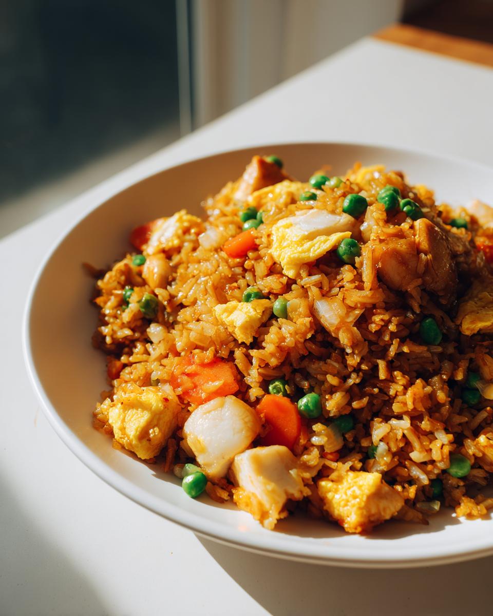 A close-up shot of a bowl filled with flavorful chicken fried rice, featuring chunks of chicken, scrambled egg, carrots, and peas.