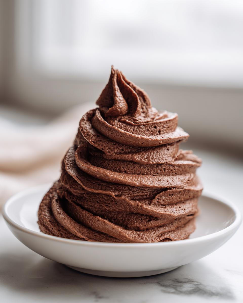 A tall, perfectly piped swirl of rich, dark chocolate frosting in a small white bowl.