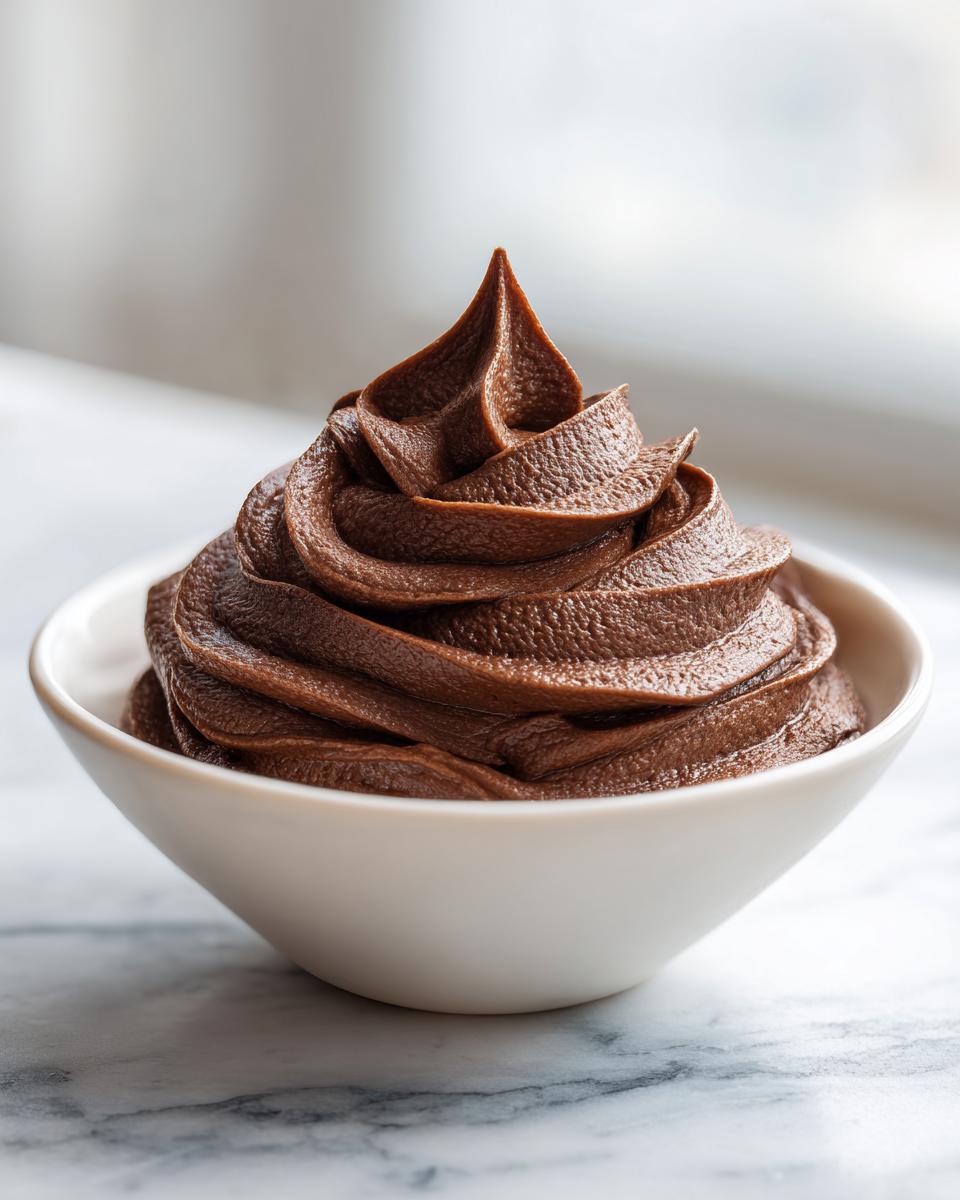 A perfect swirl of rich, dark chocolate frosting piped high in a small white bowl.