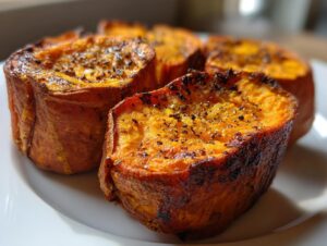 Close-up of four halves of perfectly baked sweet potato, seasoned with pepper, ready to eat.