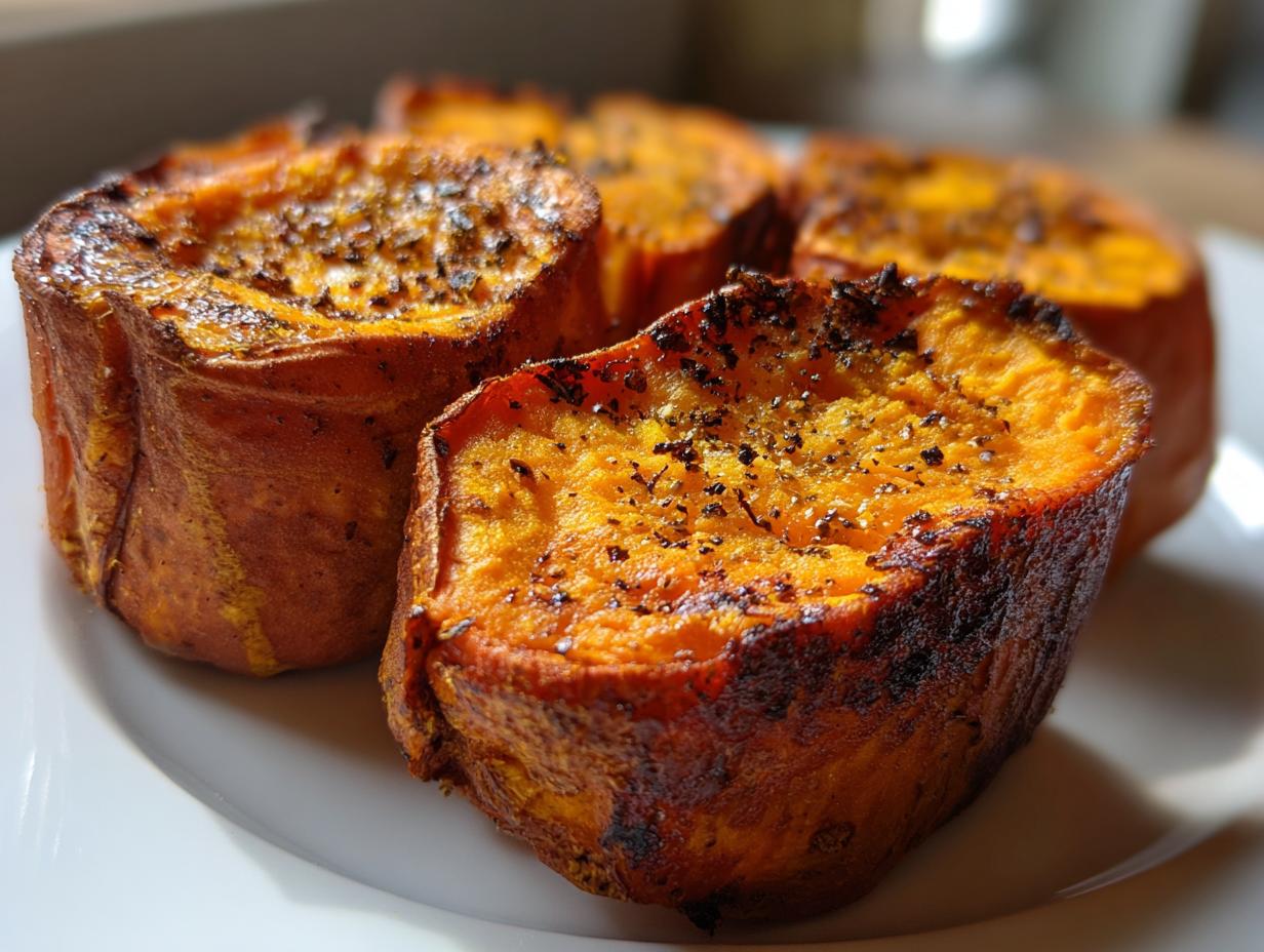 Close-up of four halves of perfectly baked sweet potato, seasoned with pepper, ready to eat.