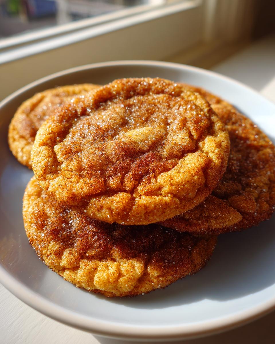 A stack of three golden brown butter sugar cookies coated in cinnamon sugar, resting on a light blue plate.