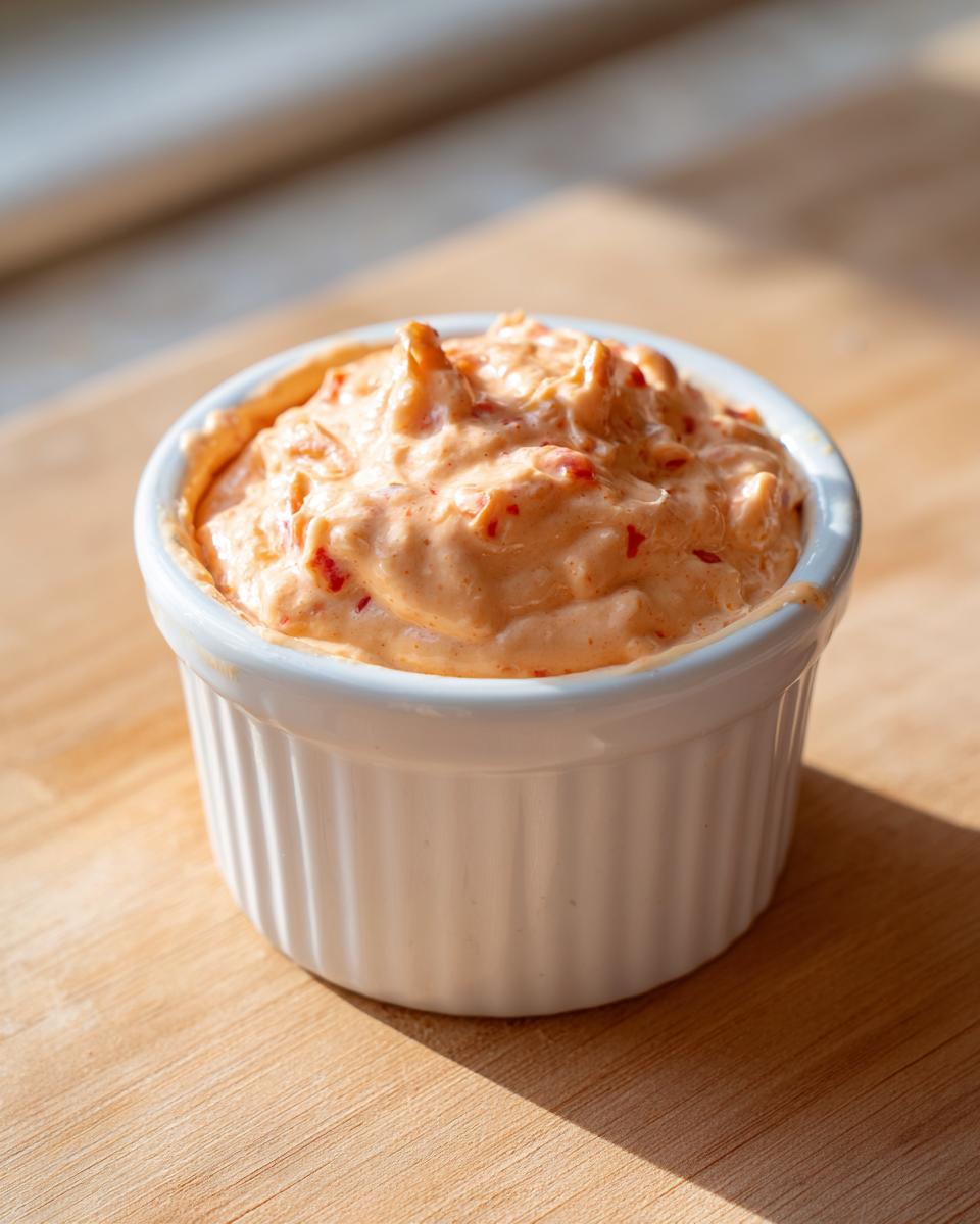 A close-up of creamy, orange-hued burger sauce with visible red flecks, served in a small white ramekin on a wooden surface.