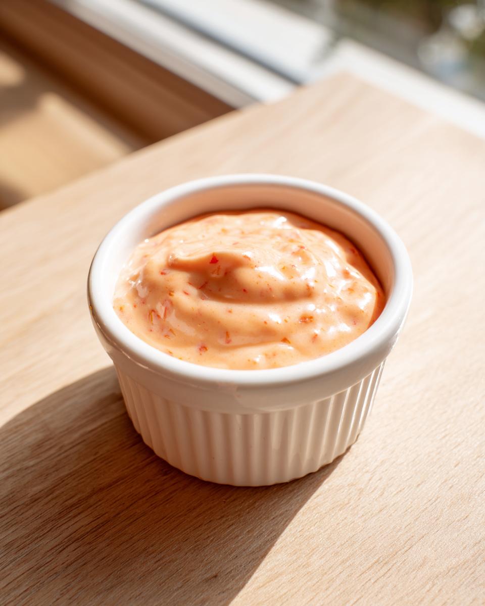 A small white ramekin filled with creamy, orange-hued burger sauce, sitting on a light wooden surface.