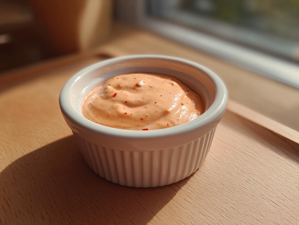 A close-up of creamy, orange-hued homemade burger sauce sprinkled with red pepper flakes in a white ramekin.