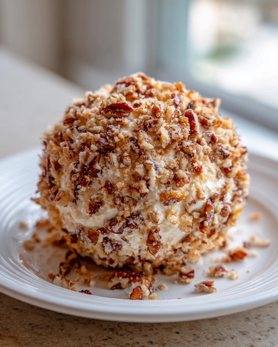 A perfectly formed, creamy cheese ball recipe coated entirely in chopped pecans, sitting on a white plate.