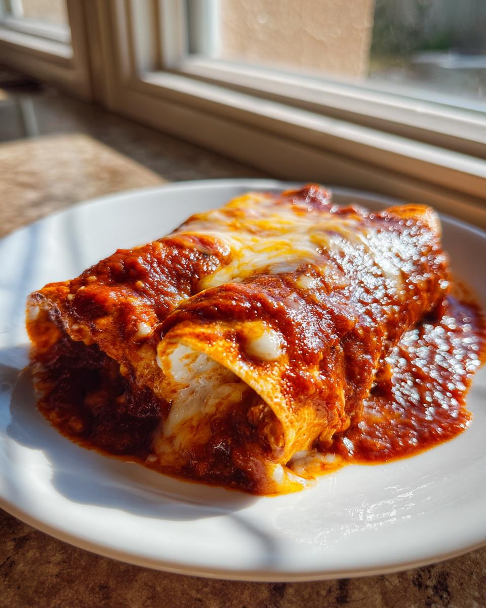 Close-up of two cheese enchiladas covered in rich red sauce and melted white cheese.