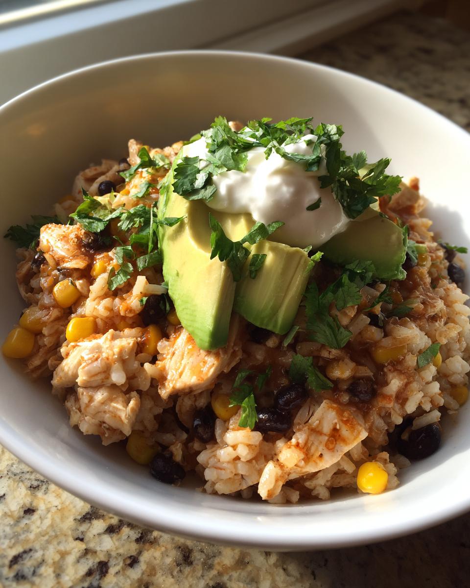 A close-up of a hearty chicken burrito bowl featuring rice, black beans, corn, topped with avocado, sour cream, and cilantro.