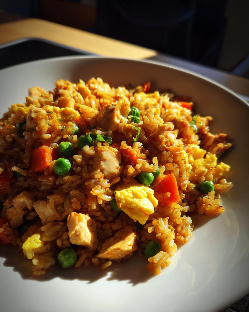 A close-up bowl of vibrant chicken fried rice with chunks of chicken, peas, carrots, and scrambled egg.