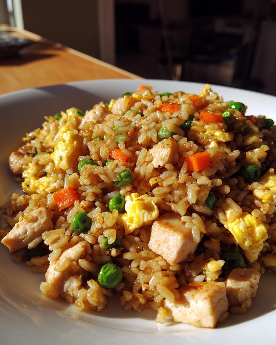 A close-up, well-lit serving of amazing 30-minute chicken fried rice with visible chunks of chicken, scrambled egg, peas, and carrots.