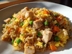 A close-up serving of amazing 30-minute chicken fried rice featuring chunks of chicken, scrambled egg, peas, and carrots.