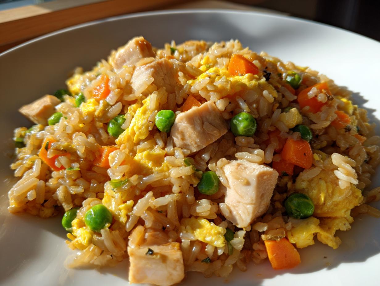 A close-up serving of amazing 30-minute chicken fried rice featuring chunks of chicken, scrambled egg, peas, and carrots.
