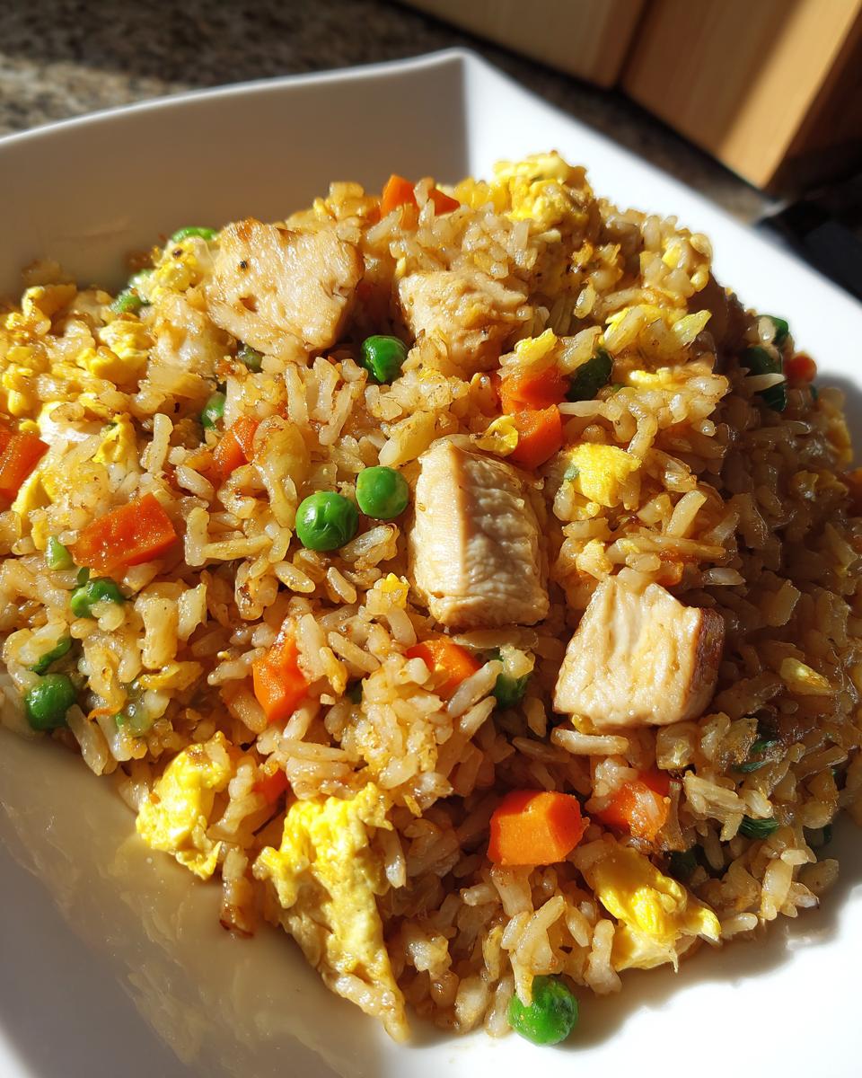 Close-up of a white bowl filled with flavorful chicken fried rice, featuring chunks of chicken, scrambled egg, peas, and carrots.