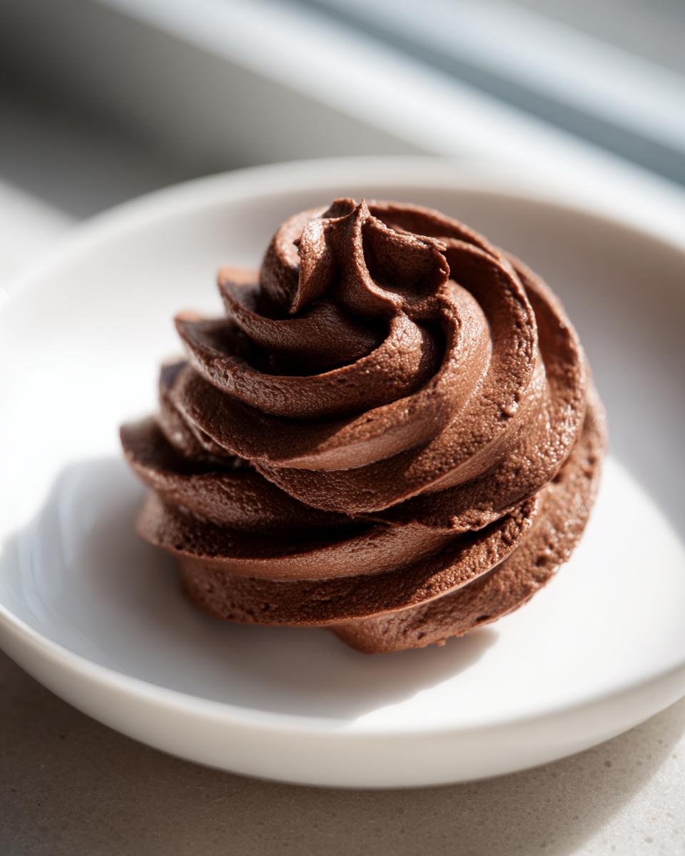 A perfect swirl of rich, dark chocolate frosting piped onto a small white dish, highlighted by natural light.