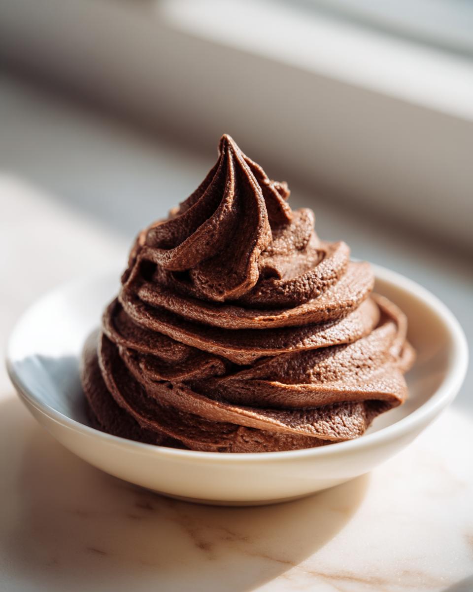 A perfect swirl of rich, dark chocolate frosting piped high in a small white bowl.