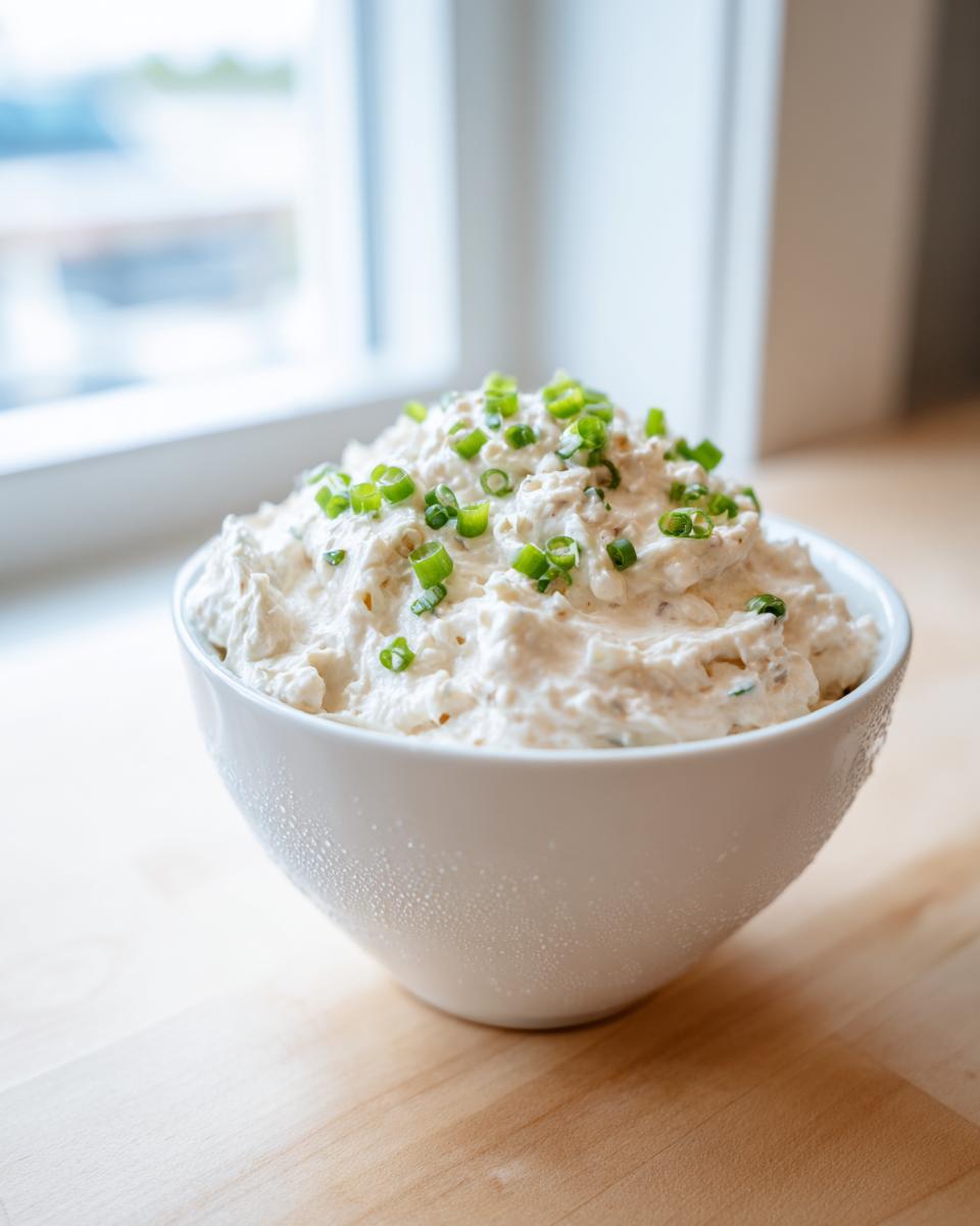 A bowl of creamy, white clam dip topped generously with fresh, chopped green onions or chives.