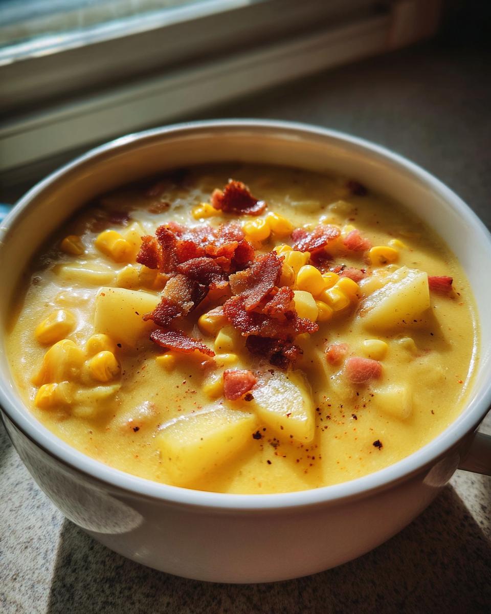 A close-up of a creamy, yellow corn chowder recipe topped generously with crispy bacon bits and chunks of potato.