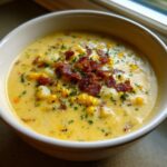 Close-up of a creamy, yellow corn chowder recipe topped generously with crispy bacon bits and fresh parsley.