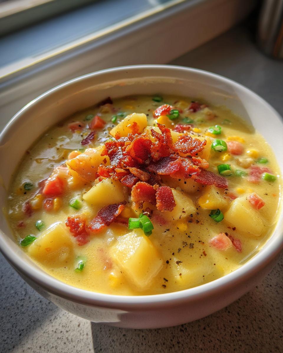 A close-up of a creamy, yellow corn chowder recipe topped with crispy bacon bits, diced potatoes, and green onions.