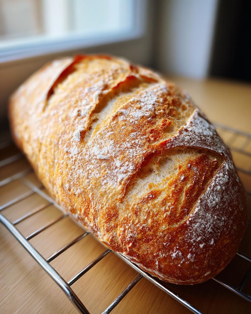 A golden-brown, scored loaf of homemade french bread dusted with flour resting on a metal cooling rack.