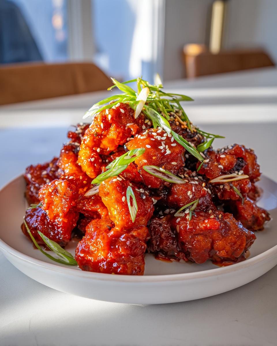 A mound of sticky, glossy gochujang chicken pieces garnished with sesame seeds and sliced green onions.