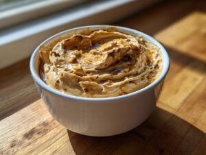 A close-up of a creamy, richly colored onion dip swirled in a white bowl, glistening with caramelized onions.